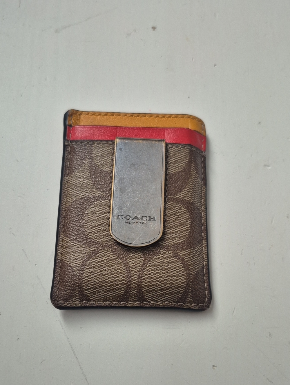 Coach Brown Signature Canvas Card Case with Red and Mustard Trim